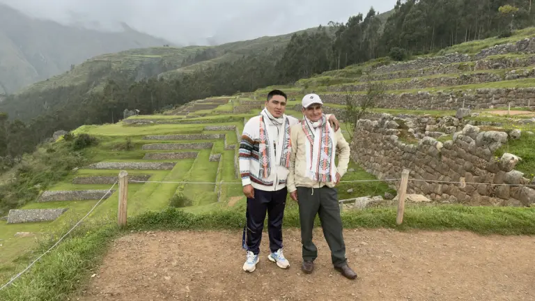 Travellers on the Inca terraces of Chinchero, Sacred Valley