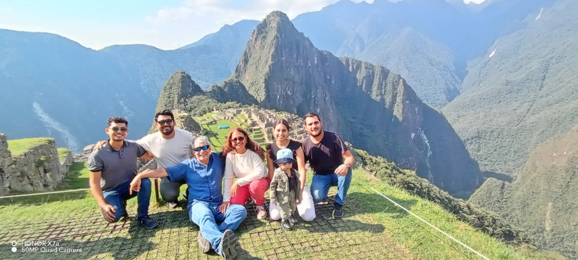 Group of travellers at Machu Picchu with Huayna Picchu behind