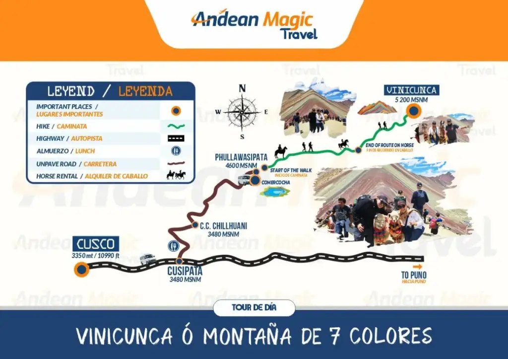Route map to Vinicunca Rainbow Mountain from Cusco, at 5,200 m in Canchis province