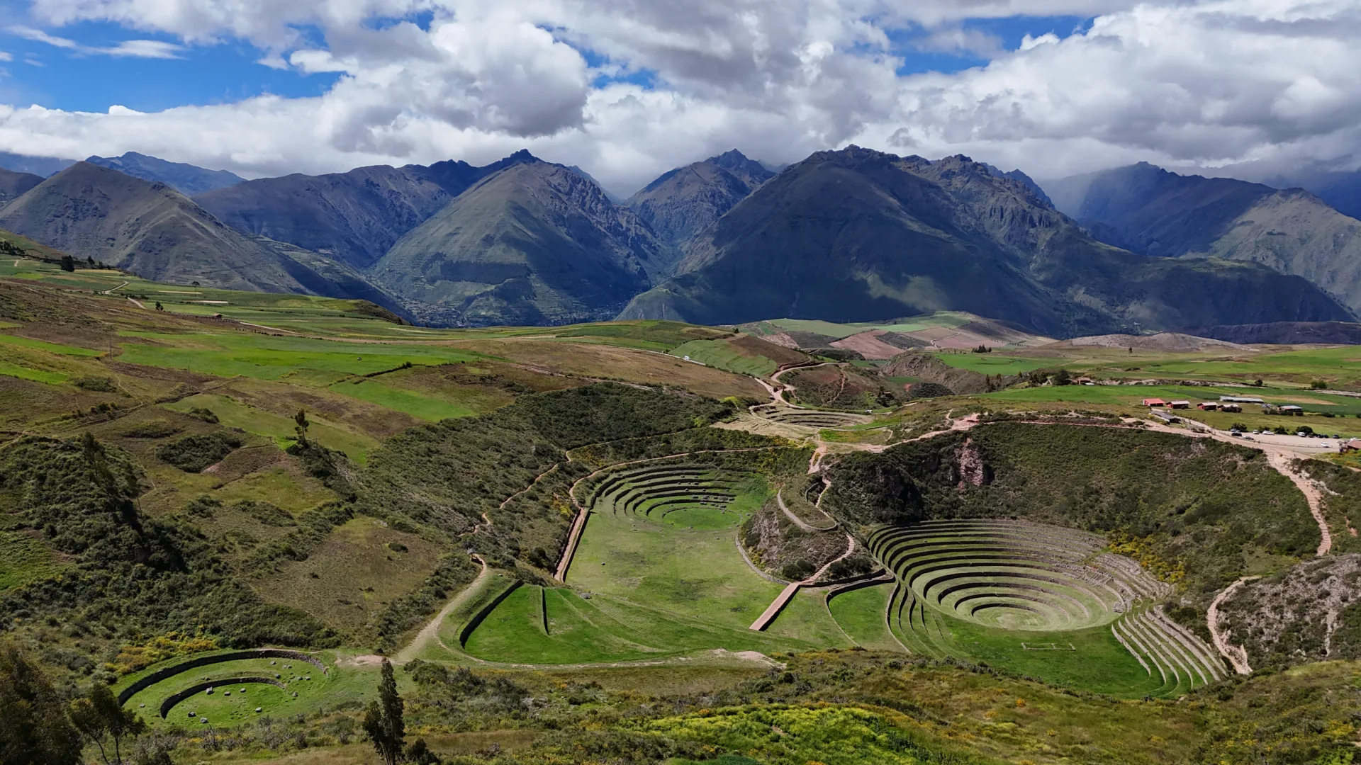 Aerial view of the circular terraces of Moray, Sacred Valley