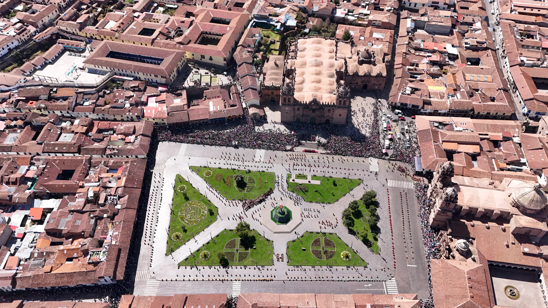 Aerial view of Cusco's Plaza de Armas with the Cathedral